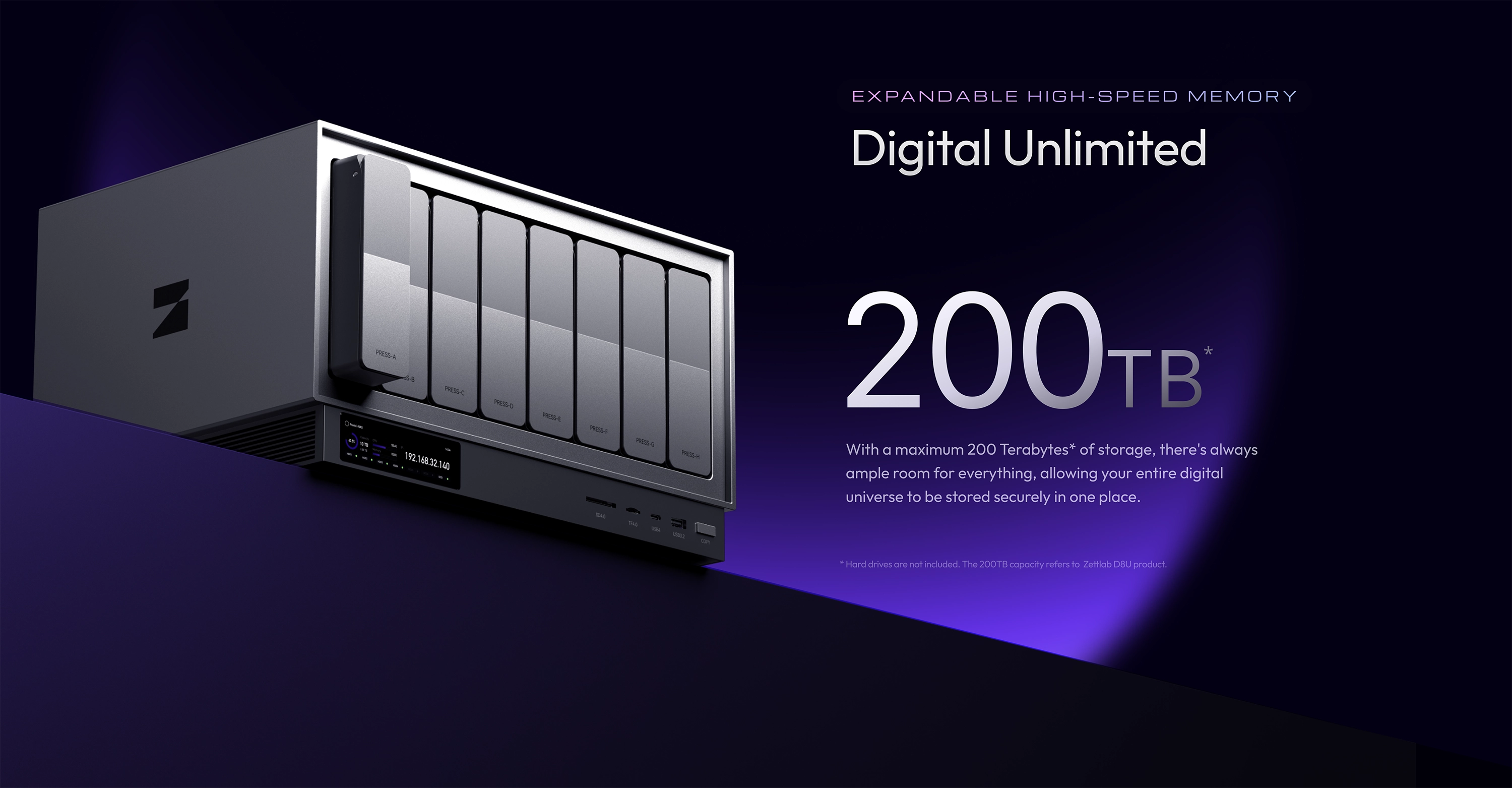 Zettlab D6/D8 Ultra AI NAS - With a maximum 200 Terabytes of storage, there's always ample room for everything, allowing your entire digital universe to be stored securely in one place.